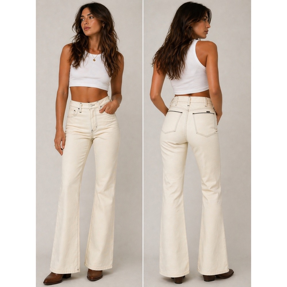 Wrangler Vintage Cream Flare Pants High Waisted Contrast Stitch Western Trousers